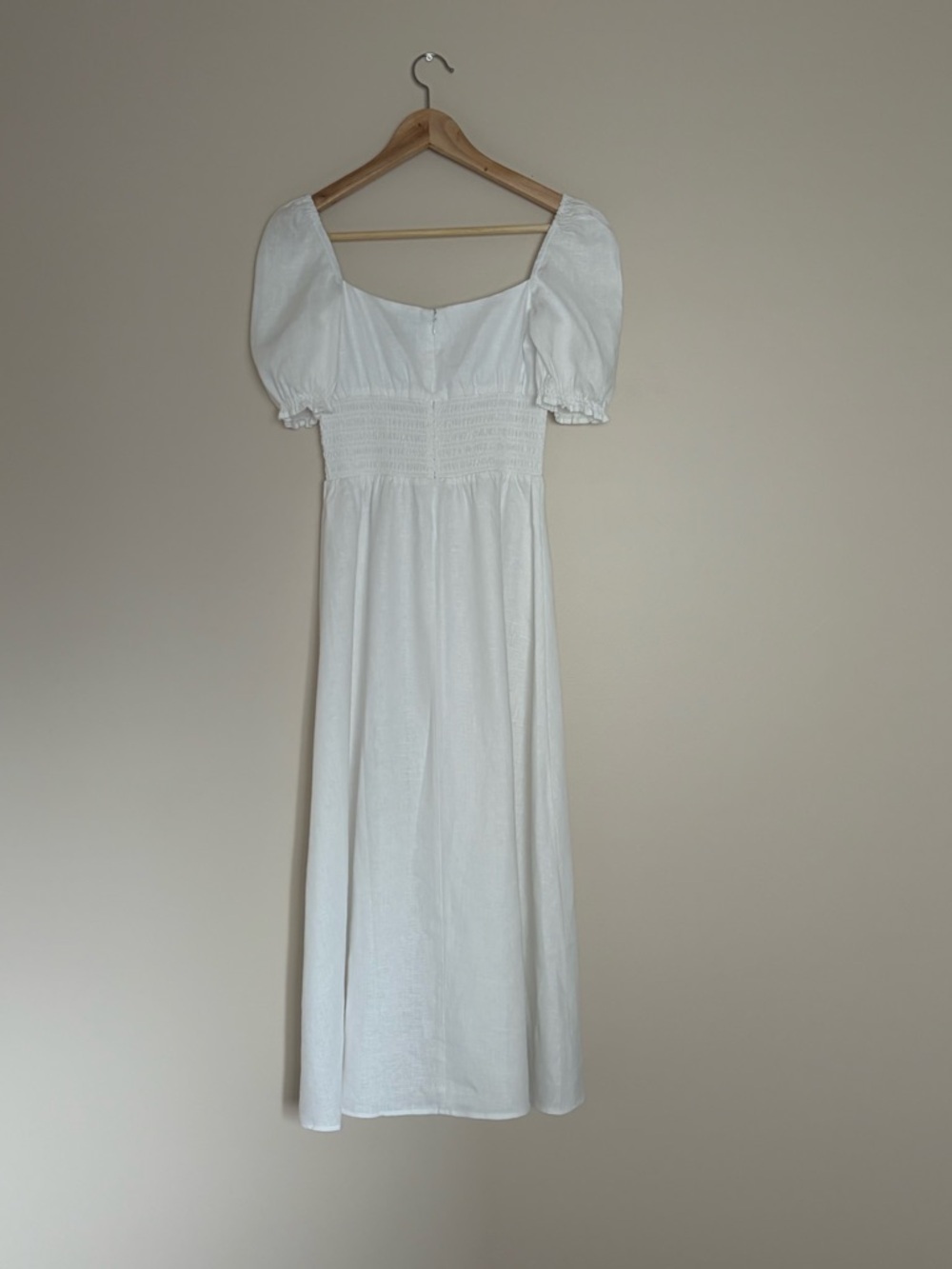 NEW Reformation Adler Linen Midi Smocked Puff Sleeve Dress White | US 6 UK 10 - Picture 7 of 12